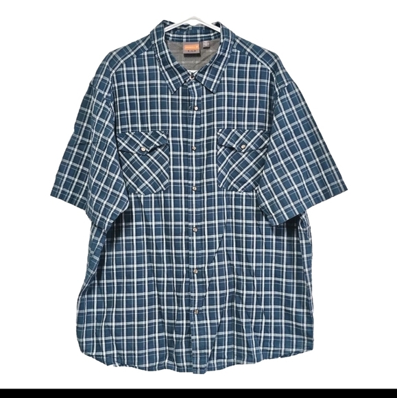 Merrell Teal Blue Plaid Cotton  Short Sleeve Pocket Button Down Shirt XXL 2XL - Picture 1 of 10
